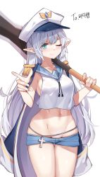 Rule 34 | 1girl, armpit crease, bare arms, blue eyes, blue shorts, breasts, chain, chukibabo2, claymore (sword), closed mouth, coat, coat on shoulders, commission, cowboy shot, crop top, crop top overhang, cross, drawstring, dungeon and fighter, epaulettes, finger gun, groin, hat, highres, holding, holding sword, holding weapon, long hair, looking at viewer, medium breasts, micro shorts, midriff, military hat, navel, one eye closed, over shoulder, peaked cap, pointy ears, revealing clothes, sailor collar, sailor shirt, second-party source, shirt, shorts, sidelocks, sleeveless, sleeveless shirt, slit pupils, smile, solo, standing, stomach, sword, thigh gap, thighs, v-shaped eyebrows, very long hair, weapon, weapon over shoulder, white coat, white hair, white hat, white shirt
