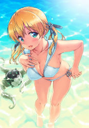 Rule 34 | 1girl, :o, abyssal ship, adjusting clothes, adjusting swimsuit, anchor hair ornament, aqua eyes, barefoot, beach, bikini, blonde hair, breasts, cleavage, cosplay, day, enemy naval mine (kancolle), covered erect nipples, from above, funitarefu, hair ornament, hand on own chest, kantai collection, large breasts, long hair, outdoors, prinz eugen (kancolle), rock, sailor bikini, sailor collar, side-tie bikini bottom, solo, standing, sweat, swimsuit, twintails, wading, water, wet, white bikini, z3 max schultz (kancolle) (cosplay), z3 max schultz (kancolle)