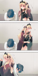 Rule 34 | 1boy, 1girl, 3koma, azumi (myameco), black hair, blonde hair, blue eyes, cape, carrying, closed mouth, comic, commentary request, ereshkigal (fate), fate/grand order, fate (series), fujimaru ritsuka (male), long hair, looking at another, red cape, red eyes, short hair, sleeping, smile, thighs, tiara, zzz