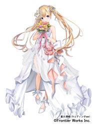 Rule 34 | 1girl, back bow, blonde hair, blue eyes, bow, breasts, bridal veil, character request, commentary request, copyright request, dress, earrings, flower, frills, full body, gakuon (gakuto), hair bow, high heels, highres, holding, holding flower, jewelry, long dress, long hair, official art, pink flower, pink rose, purple flower, rose, small breasts, solo, strapless, strapless dress, twintails, two side up, veil, waist bow, wedding dress, white background, white bow, white dress, white flower, white footwear, yellow flower