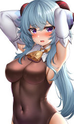 Rule 34 | 1girl, absurdres, armpits, arms behind head, arms up, bare shoulders, bell, blue hair, blush, bodystocking, breasts, cleavage, covered navel, cowbell, detached collar, detached sleeves, covered erect nipples, ganyu (genshin impact), genshin impact, goat horns, hair between eyes, highleg, highres, horns, impossible clothes, large breasts, long hair, long sleeves, looking at viewer, low ponytail, open mouth, ponytail, purple eyes, simple background, solo, stomach, sunhyun, upper body, white background