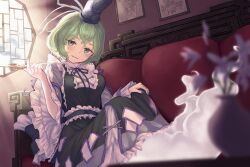 Rule 34 | 1girl, blush, couch, cross-laced clothes, curly hair, dress, frilled dress, frilled sleeves, frills, ghost tail, green dress, green hair, hat, highres, holding, holding smoking pipe, knees up, lattice, long sleeves, looking at viewer, medium hair, neck ribbon, ofuda, ofuda on clothes, painting (object), portrait (object), purple nails, purple ribbon, pygrenix, ribbon, sitting, smile, smoking pipe, soga no tojiko, solo, tate eboshi, touhou, toyosatomimi no miko, window