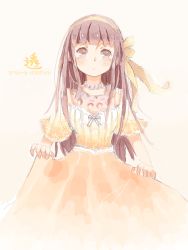 Rule 34 | 1girl, :o, alternate costume, bad id, bad pixiv id, brown eyes, brown hair, captain yue, dress, duizhang, fruits basket, hairband, honda tooru, jewelry, long hair, necklace, pearl necklace, ribbon, short sleeves, simple background, solo, yellow dress, yellow ribbon