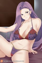 Rule 34 | 1girl, aslindsamure, bare shoulders, blush, bra, breasts, cleavage, closed mouth, collarbone, fire emblem, fire emblem echoes: shadows of valentia, floral print, forehead, highres, large breasts, long hair, looking at viewer, navel, nintendo, panties, parted bangs, purple bra, purple eyes, purple hair, purple panties, sitting, smile, solo, sonya (fire emblem gaiden), spread legs, thighs, underwear