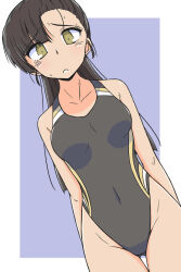 Rule 34 | 1girl, asymmetrical bangs, black hair, black one-piece swimsuit, border, breasts, brown eyes, commentary request, competition swimsuit, cowboy shot, girls und panzer, gluteal fold, grey background, highleg, highleg swimsuit, highres, long hair, medium breasts, multicolored clothes, multicolored swimsuit, nishi kinuyo, one-piece swimsuit, renshiu, solo, straight hair, swimsuit, thigh gap, two-tone background, white border