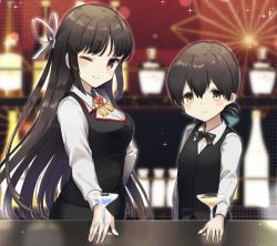 Rule 34 | alternate costume, bar (place), bartender, black hair, black neckwear, black vest, blue ribbon, brown eyes, cocktail glass, commentary request, commission, cowboy shot, cup, drinking glass, folded ponytail, hair ribbon, hime cut, hiyou (kancolle), kantai collection, kasuga maru (kancolle), long hair, looking at viewer, magatama, one eye closed, red eyes, ribbon, skeb commission, swept bangs, vest, yamashichi (mtseven)