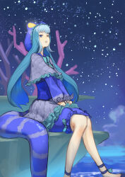 Rule 34 | 1girl, aqua hair, blouse, blue eyes, blue hair, bow, bowtie, capelet, don3, frilled capelet, frilled sleeves, frills, from side, hat, kemono friends, komodo dragon (kemono friends), lizard tail, long hair, long sleeves, looking up, multicolored hair, night, night sky, open mouth, outdoors, outstretched arms, shirt, sitting, skirt, sky, smile, solo, star (sky), starry sky, tail, twintails, very long hair