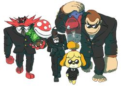 Rule 34 | 1girl, 4boys, alternate costume, animal crossing, animal ears, animal hands, ape, barefoot, black footwear, black jacket, black pants, black skirt, blazer, blonde hair, blue overalls, boots, brown hair, carrying over shoulder, closed mouth, clothed pokemon, collared shirt, combat boots, commentary, creatures (company), crossed bandaids, crossover, dog ears, dog girl, donkey kong, donkey kong (series), dress shirt, english commentary, epic, fangs, fangs out, formal, furry, game freak, gen 7 pokemon, gloves, hat, incineroar, isabelle (animal crossing), jacket, jiojio warudo, large hands, long sleeves, looking at another, mario, mario (series), metal gear (series), metal gear solid, miniskirt, multiple boys, multiple crossover, muscular, necktie, nintendo, overalls, pants, pencil skirt, piranha plant, pokemon, pokemon (creature), popped button, red headwear, red shirt, shirt, short hair, sideways glance, simple background, skirt, skirt suit, solid snake, suit, sunglasses, super mario bros. 1, super smash bros., topknot, unconscious, very short hair, walking, white background, white gloves, white shirt, wing collar