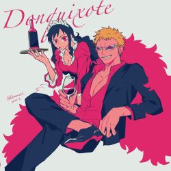 Rule 34 | 1boy, 1girl, 2022, baby 5, black hair, black jacket, black pants, blonde hair, bottle, breasts, cigarette, cleavage, coat, commentary request, cup, dated, demorzel, donquixote doflamingo, dress, drinking glass, drinking straw, feather coat, grin, highres, holding, holding cup, holding tray, jacket, jewelry, long hair, long sleeves, looking at viewer, maid, maid headdress, medium breasts, mouth hold, one piece, pants, pink coat, pink eyes, pink shirt, shirt, shoes, short hair, sitting, smile, sunglasses, tray, wine bottle, wine glass