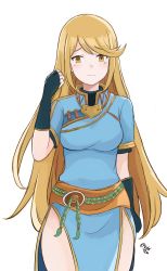 Rule 34 | 1girl, alternate costume, blonde hair, blush, breasts, cleavage, cosplay, dress, fire emblem, fire emblem: the blazing blade, fire emblem heroes, gloves, highres, kgctcg, long hair, looking at viewer, lyn (fire emblem), lyn (fire emblem) (cosplay), medium breasts, mythra (xenoblade), nintendo, pelvic curtain, solo, standing, swept bangs, tiara, very long hair, xenoblade chronicles (series), xenoblade chronicles 2, yellow eyes