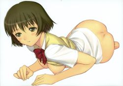 Rule 34 | 1girl, absurdres, ass, bottomless, breasts, brown eyes, brown hair, clothes lift, highres, kaminagi ryouko, lying, nipples, on stomach, open clothes, parted lips, shirt lift, short hair, simple background, solo, tony taka, white background, zegapain