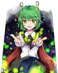 Rule 34 | 1girl, ahoge, antennae, blue pants, cape, carry me, frilled sleeves, frills, green eyes, green hair, light particles, long sleeves, makotono (makotono 00), open mouth, outstretched arms, pants, shirt, smile, solo, star (symbol), starry background, touhou, white shirt, wriggle nightbug