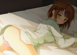 Rule 34 | 1girl, ass, bed, blush, brown hair, commentary request, digital thermometer, fever, green eyes, highres, looking at viewer, looking back, lying, no pants, on bed, on stomach, original, pajamas, panties, pink panties, polka dot, polka dot pajamas, short hair, sick, solo, thermometer, underwear, uzuki hiro