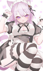 Rule 34 | 1girl, :p, alternate costume, animal ear fluff, animal ears, arm up, bad id, bad twitter id, bell, black dress, black ribbon, blush, breasts, cat ears, cat girl, cat tail, cleavage, cleavage cutout, clothing cutout, commentary request, dress, enmaided, food, garter straps, hair bell, hair ornament, hair ribbon, hand up, highres, hinamori (18ar0), holding, holding food, hololive, jingle bell, large breasts, looking at viewer, maid, maid headdress, medium hair, nail polish, nekomata okayu, onigiri, puffy short sleeves, puffy sleeves, purple eyes, purple hair, purple nails, ribbon, short sleeves, solo, striped clothes, striped thighhighs, tail, thighhighs, tongue, tongue out, virtual youtuber, wrist cuffs