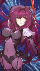 Rule 34 | 1girl, arm up, armor, bodysuit, covered navel, fate/grand order, fate (series), female focus, gae bolg (fate), hair intakes, highres, long hair, parted lips, pauldrons, polearm, purple bodysuit, purple hair, red eyes, saitou naoki, scathach (fate), shoulder armor, solo, spear, weapon