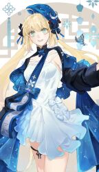 Rule 34 | 1girl, ahoge, artoria caster (fate), artoria pendragon (fate), beret, blonde hair, blue beret, blue bow, blue ribbon, blue sash, blue shrug, bow, bug, butterfly, crescent, crescent hat ornament, dress, dress bow, fate/grand order, fate (series), green eyes, hat, hat ornament, hat tassel, highres, insect, julhxh, leg ribbon, official alternate costume, open mouth, ribbon, sash, shoulder sash, shrug (clothing), sidelocks, smile, solo, tassel, thigh ribbon, twintails, white bow, white dress