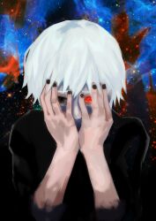 Rule 34 | 1boy, absurdres, black eyes, black nails, black shirt, hands on own face, hands up, heterochromia, highres, kaneki ken, kyuuba melo, male focus, multicolored background, nail polish, red eyes, shirt, solo, star (symbol), starry background, tokyo ghoul, upper body, white hair