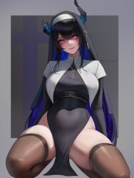 Rule 34 | 1girl, absurdres, alternate costume, asymmetrical horns, black hair, blue hair, breasts, colored inner hair, covered navel, demon horns, glowing, glowing eyes, habit, hair ornament, highres, hololive, hololive english, horns, large breasts, lazik 1337, long hair, long sleeves, looking at viewer, mole, mole under eye, multicolored hair, nerissa ravencroft, nun, pelvic curtain, pink eyes, smile, solo, two-tone hair, uneven horns, very long hair, virtual youtuber