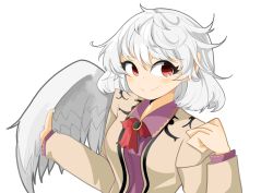 Rule 34 | 1girl, absurdres, angel wings, beige jacket, blush, bow, bowtie, breasts, brooch, closed mouth, dress, eyebrows hidden by hair, feathered wings, hair between eyes, hands up, highres, jewelry, kishin sagume, large breasts, long sleeves, looking at viewer, purple dress, red bow, red bowtie, red eyes, short hair, silver hair, simple background, single wing, smile, solo, spam (spamham4506), touhou, upper body, white background, wing collar, wings