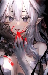 Rule 34 | 1girl, absurdres, asymmetrical gloves, black gloves, blood, blood on breasts, blood on face, blood on hands, blue eyes, breasts, cleavage, close-up, gloves, highres, indie virtual youtuber, looking at viewer, medium breasts, mismatched gloves, neonbeat, pointy ears, sidelocks, solo, tongue, tongue out, vei (vtuber), vei (vtuber) (4th costume), virtual youtuber, white gloves, white hair