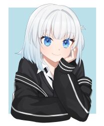 Rule 34 | 1girl, aokiri mihono, black jacket, black necktie, black sweater vest, blue background, blue eyes, blue hair, border, collared shirt, commentary, gradient hair, hand on own cheek, hand on own face, highres, jacket, looking at viewer, machi no hito, multicolored hair, necktie, nijisanji, outside border, shirt, smile, solo, sweater vest, symbol-only commentary, upper body, virtual talent academy, virtual talent academy uniform, virtual youtuber, white border, white hair, white shirt, wing collar