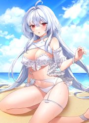 Rule 34 | 1girl, ahoge, bare shoulders, beach, bikini, breasts, cleavage, fate/grand order, fate (series), frilled bikini, frills, highres, lady avalon (fate), lady avalon (second ascension) (fate), large breasts, long hair, looking at viewer, merlin (fate/prototype), nana (nanamilk 0), navel, ocean, red eyes, shore, solo, swimsuit, thighs, very long hair, white bikini, white hair