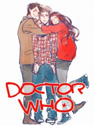 Rule 34 | 1girl, 2boys, amy pond, boots, converse, denim, doctor who, eleventh doctor, hug, jacket, jeans, kamaboko (moyaciv), multiple boys, pants, rory willams, rory williams, shirt, simple background, smile, tears, the doctor