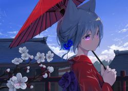 Rule 34 | 1girl, absurdres, animal ears, back bow, blue flower, blue hair, blue sky, blush, bow, building, cat ears, cat girl, cloud, commentary request, day, flower, from side, hair flower, hair ornament, highres, holding, holding umbrella, japanese clothes, kimono, long sleeves, looking afar, looking away, mikisai, oil-paper umbrella, original, outdoors, purple bow, purple eyes, short hair, sky, solo, umbrella, white flower, yukata