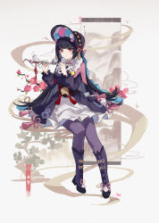 Rule 34 | 1girl, arm up, bird, black footwear, black hair, blunt bangs, boots, braid, chinese clothes, chinese text, eyeshadow, flute, full body, fur trim, genshin impact, hat, highres, holding, holding instrument, instrument, knee boots, long hair, long sleeves, looking at viewer, makeup, pantyhose, pom pom (clothes), purple hair, purple pantyhose, red eyes, red eyeshadow, simple background, sitting, smile, solo, tassel, yajuu, yun jin (genshin impact)