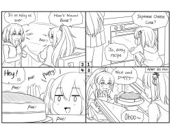 Rule 34 | 2girls, alternate hairstyle, anger vein, apron, baking, beer can, bell, can, cheesecake, comic, crossover, drink can, english text, food, girls&#039; frontline, greyscale, guin guin, highres, kantai collection, monochrome, multiple girls, oven, ponytail, refrigerator, scar, scar across eye, scar on face, sendai (kancolle), two side up, ump45 (girls&#039; frontline)