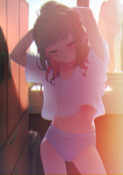 Rule 34 | 1girl, adjusting hair, arms up, backlighting, blush, bow, bow panties, commentary request, cowboy shot, dusk, closed eyes, grey hair, hair intakes, highres, light particles, long hair, makaino ririmu, multicolored hair, navel, nijisanji, no pants, panties, parted lips, pink hair, pointy ears, sabamen, see-through, shirt, sidelocks, solo, sunlight, t-shirt, twilight, two-tone hair, underwear, virtual youtuber, white shirt, window