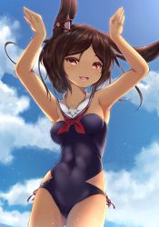 Rule 34 | 1girl, animal ears, armpits, arms up, azur lane, bad id, bad pixiv id, bare shoulders, breasts, brown eyes, brown hair, cloud, covered navel, dark-skinned female, dark skin, day, detached collar, fang, i-26 (azur lane), inora, looking at viewer, medium breasts, one-piece swimsuit, open mouth, rabbit ears, rabbit pose, sailor collar, school swimsuit, short hair, sky, smile, solo, strapless, strapless one-piece swimsuit, swimsuit
