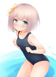 Rule 34 | 1girl, bare arms, bare shoulders, black one-piece swimsuit, blue eyes, blush, bow, breasts, character request, closed mouth, collarbone, commentary request, covered navel, grey hair, hair bow, hands up, highres, iris mysteria!, old school swimsuit, one-piece swimsuit, school swimsuit, small breasts, smile, solo, swimsuit, water, white background, yellow bow, yuu (yumezakura)