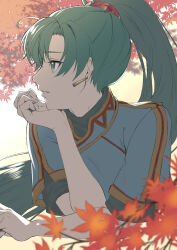 Rule 34 | 1girl, absurdres, autumn leaves, blue dress, china dress, chinese clothes, delsaber, dress, earrings, fire emblem, fire emblem: the blazing blade, green eyes, green hair, head rest, highres, jewelry, leaf, long hair, lyn (fire emblem), nintendo, parted lips, ponytail, profile, short sleeves, solo, very long hair
