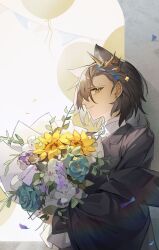 Rule 34 | akechi (826988799), animal ears, arknights, ascot, black coat, black jacket, bouquet, coat, extra ears, flower, highres, holding, holding bouquet, jacket, mole above eye, mole on forehead, penance (arknights), white ascot, wolf ears, wolf girl