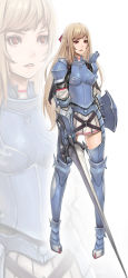 Rule 34 | 1girl, armor, armored boots, blonde hair, blue footwear, blue thighhighs, boots, long hair, mana (remana), armored boots, original, red eyes, shield, skirt, solo, sword, thigh boots, thighhighs, weapon, zettai ryouiki, zoom layer