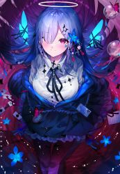 Rule 34 | 1girl, absurdres, angel, angel wings, black ribbon, blue flower, blue hair, blue ribbon, blush, breasts, bug, butterfly, card, cross, flower, hair flower, hair ornament, hair over eyes, halo, highres, insect, large breasts, long hair, looking at viewer, neck ribbon, original, playing card, red butterfly, red eyes, ribbon, shirt, smile, solo, w (w64851564), white shirt, wings