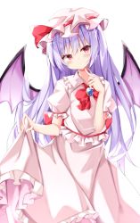 Rule 34 | 1girl, :/, alternate hair length, alternate hairstyle, bat wings, blush, bow, bowtie, brooch, closed mouth, commentary request, dress, feet out of frame, finger to own chin, frills, hand up, hat, head tilt, highres, holding, holding clothes, holding skirt, jewelry, long hair, looking at viewer, mob cap, pink dress, puffy short sleeves, puffy sleeves, purple hair, red bow, red bowtie, red eyes, remilia scarlet, sabana, short sleeves, simple background, skirt, solo, standing, touhou, very long hair, white background, wings