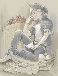 Rule 34 | 1boy, apple, arm ribbon, black headband, black jacket, black pants, blush, book, boots, da-vesita, dated, eating, final fantasy, final fantasy vi, food, food on face, fruit, full body, full mouth, grey background, grey footwear, grey hair, happy birthday, head scarf, headband, holding, holding food, holding fruit, holding paper, jacket, jewelry, locke cole, male focus, maps, multicolored clothes, multicolored headwear, necklace, open book, pants, paper, pencil, popped collar, ribbon, shirt, short sleeves, sitting, solo, twitter username, white shirt