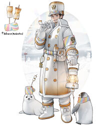 Rule 34 | 1boy, absurdres, bird, black hair, boots, brown eyes, coat, facial hair, food, full body, gloves, grey sky, highres, holding, holding smoking pipe, lantern, lighthouse, long sleeves, looking at viewer, male focus, marshmallow, original, pants, parted lips, penguin, personification, rainbow scarf, rinotuna, roasted marshmallow, seal (animal), sky, smile, smoking pipe, snowman, solo, standing, stubble, white coat, white footwear, white gloves, white headwear, white pants, winter clothes