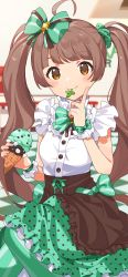 Rule 34 | ahoge, blouse, blunt bangs, bow, brown eyes, brown hair, brown skirt, buttons, commentary, crossed legs, food, frilled shirt collar, frills, green bow, green leggings, green ribbon, green scrunchie, hair bow, hakozaki serika, highres, holding, holding food, ice cream cone, idolmaster, idolmaster million live!, idolmaster million live! theater days, inuyama nanami, leggings, long hair, looking at viewer, mint chocolate, mint chocolate chip, mouth hold, multicolored clothes, official alternate costume, pointing, pointing up, polka dot, ribbon, scrunchie, shirt, shirt tucked in, sidelocks, sitting, skirt, smile, solo, tile floor, tiles, twintails, white scrunchie, white shirt, wrist scrunchie