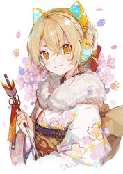 Rule 34 | 1girl, :3, akizero1510, animal ear headphones, animal ears, arrow (projectile), blonde hair, blush, closed mouth, commentary request, fake animal ears, floral background, floral print, fur collar, hair between eyes, headphones, highres, holding, holding arrow, japanese clothes, kimono, long sleeves, looking at viewer, obi, original, print kimono, sash, short hair, signature, solo, upper body, white background, yellow eyes