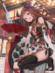 Rule 34 | 1girl, :q, animal print, bare shoulders, bell, black choker, black dress, black thighhighs, breasts, brown eyes, brown hair, choker, cleavage, cow horns, cow print, cowbell, cup, detached sleeves, dress, flower knot, gold trim, hair ornament, highres, holding, horns, japanese clothes, leg up, long hair, long sleeves, looking at viewer, medium breasts, obi, original, pelvic curtain, pouring, sakazuki, sandals, sash, side-tie peek, smile, solo, tassel, thighhighs, thighs, toeless legwear, tongue, tongue out, v-shaped eyebrows, wide sleeves, yu ni t, zouri