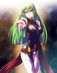 Rule 34 | 00s, 1girl, breasts, c.c., code geass, green hair, large breasts, long hair, nekomamire, solo, thighhighs, white thighhighs, yellow eyes