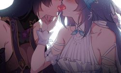 Rule 34 | 2girls, bare shoulders, black hair, blush, breasts, cleavage, collarbone, french kiss, from side, fu hua, fu hua (azure empyrea), hair ornament, hand on another&#039;s cheek, hand on another&#039;s chin, hand on another&#039;s face, hand up, head out of frame, honkai (series), honkai impact 3rd, kiss, long hair, medium breasts, multiple girls, negom, purple hair, raiden mei, raiden mei (herrscher of thunder), saliva, see-through, simple background, sweatdrop, tongue, tongue out, white background, wrist cuffs, yuri