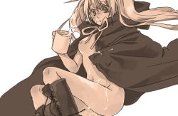 Rule 34 | 1girl, artist request, blush, boots, breasts, breasts apart, cape, cloak, cup, facial mark, floating hair, functionally nude, genderswap, genderswap (mtf), hand up, holding, holding cup, holding mug, legs up, long hair, looking down, medium breasts, monochrome, mug, naked cape, naked cloak, naruko (naruto), naruto, naruto (series), navel, nipples, nude, parted lips, ribbon, sexy no jutsu, simple background, solo, spilling, surprised, twintails, uzumaki naruto, whisker markings, whiskers, white background