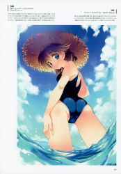 Rule 34 | 1girl, absurdres, amazuyu tatsuki, ass, bare shoulders, blue eyes, blue sky, breasts, cloud, cloudy sky, day, dutch angle, from behind, hat, highres, komaki ikuno, long hair, looking at viewer, medium breasts, official art, one-piece swimsuit, outdoors, page number, parted lips, scan, sky, solo, straw hat, swimsuit, to heart (series), to heart 2, to heart 2 ad, wading, water