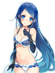 Rule 34 | 10s, 1girl, black gloves, blue bra, blue eyes, blue hair, blue panties, blush, bra, breasts, cleavage, cowboy shot, elbow gloves, gloves, kantai collection, lace, lace-trimmed panties, lace trim, long hair, looking at viewer, medium breasts, navel, panties, revision, samidare (kancolle), shirokitsune, simple background, smile, solo, underwear, underwear only, very long hair