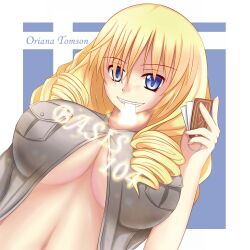 Rule 34 | 1girl, blonde hair, blue eyes, breasts, drill hair, grin, large breasts, looking at viewer, mouth hold, navel, no bra, open clothes, open shirt, oriana thomason, smile, solo, toaru majutsu no index, underboob
