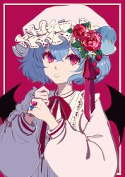 Rule 34 | 1girl, absurdres, bat wings, berry, blue hair, chinese commentary, collared shirt, commentary, flower, frilled shirt collar, frills, gem, hair between eyes, hands up, hat, hat flower, highres, jewelry, leaf, long sleeves, looking at viewer, mob cap, parted lips, pink hat, pink shirt, red background, red eyes, red flower, red ribbon, red rose, remilia scarlet, ribbon, ribbon-trimmed headwear, ribbon trim, ring, rose, shirt, shocho (shaojiujiu), short hair, simple background, solo, touhou, upper body, wings